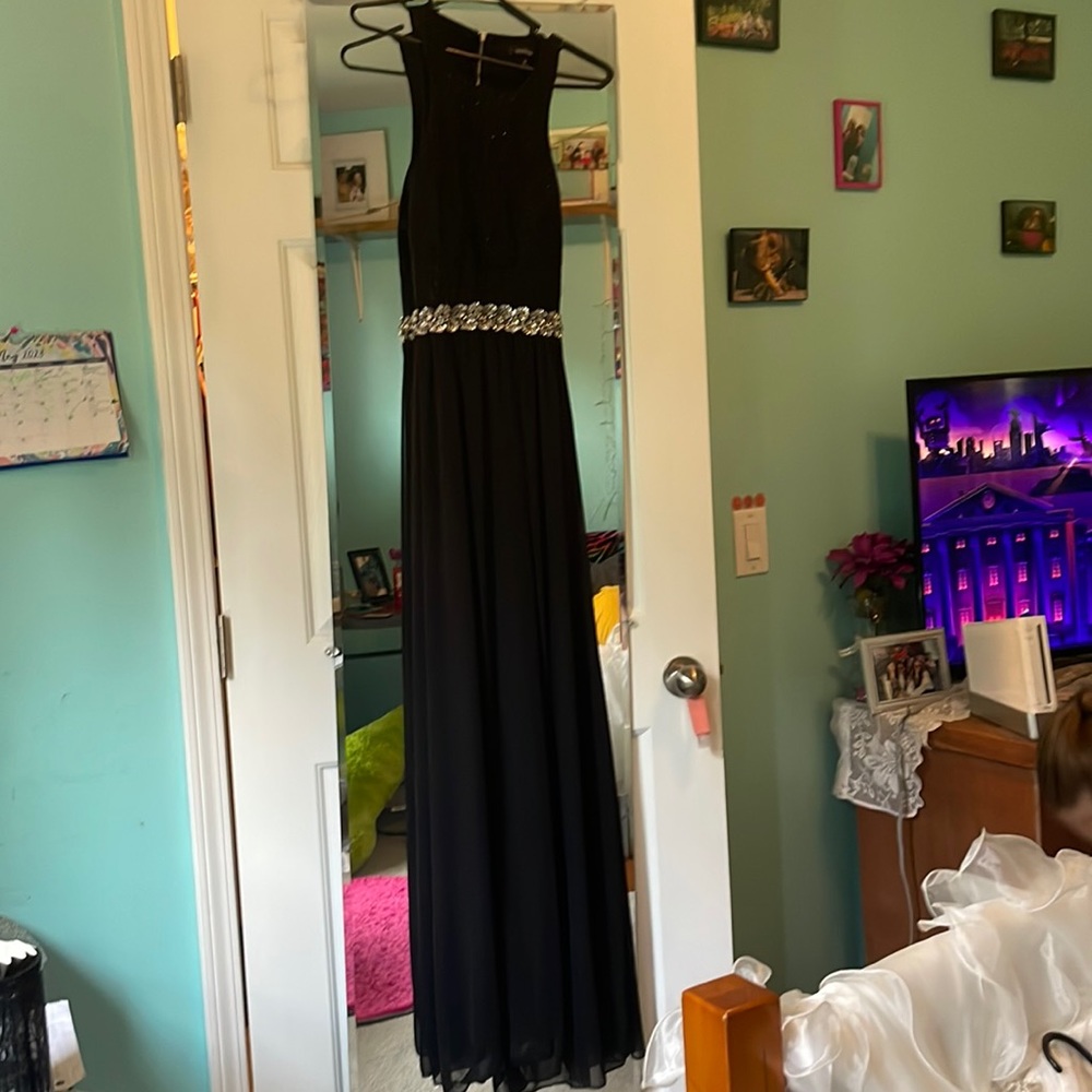 Black and silver long prom dress